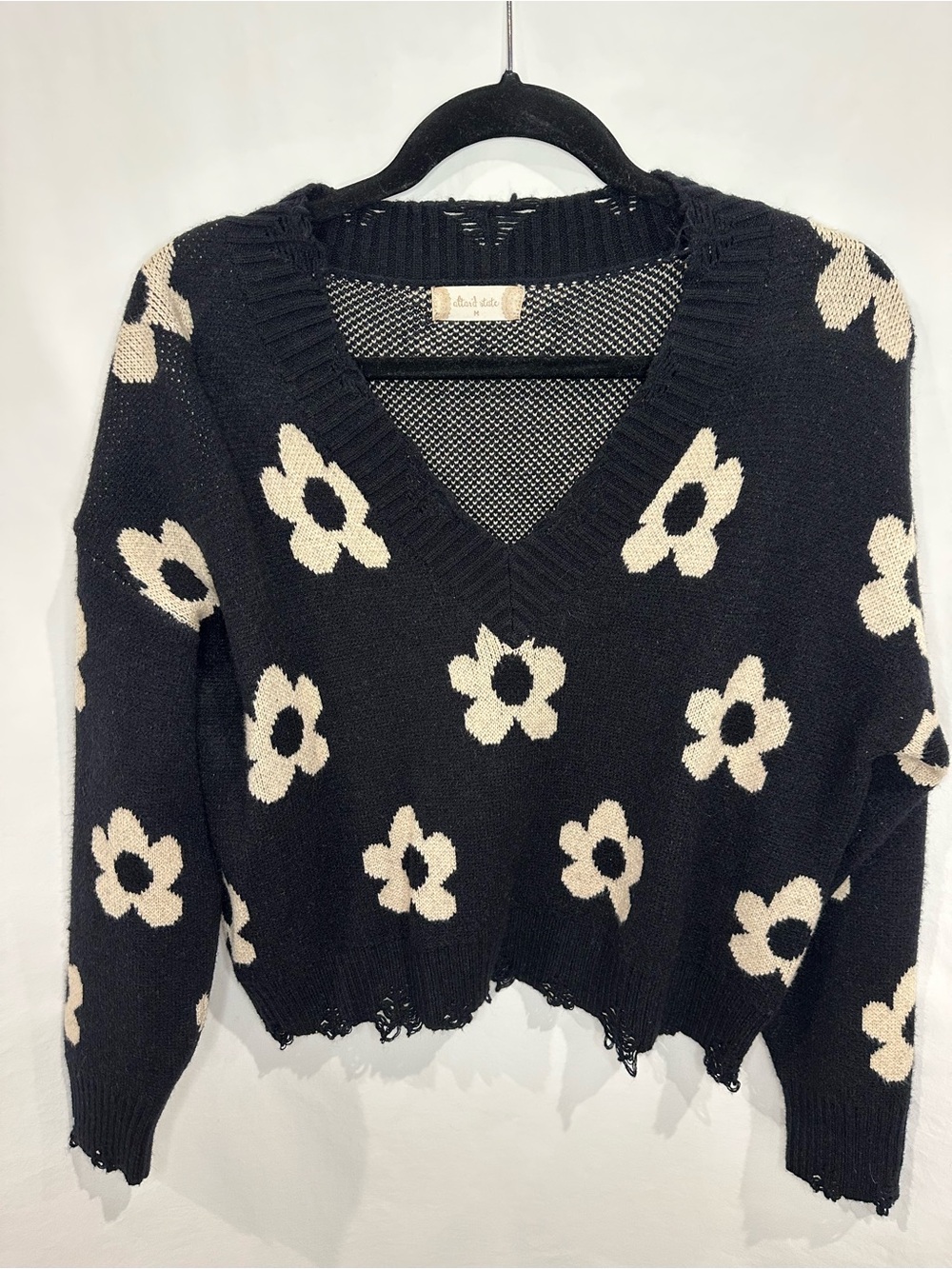 Altar'd State Black V-Neck Sweater with Cream Floral Motif